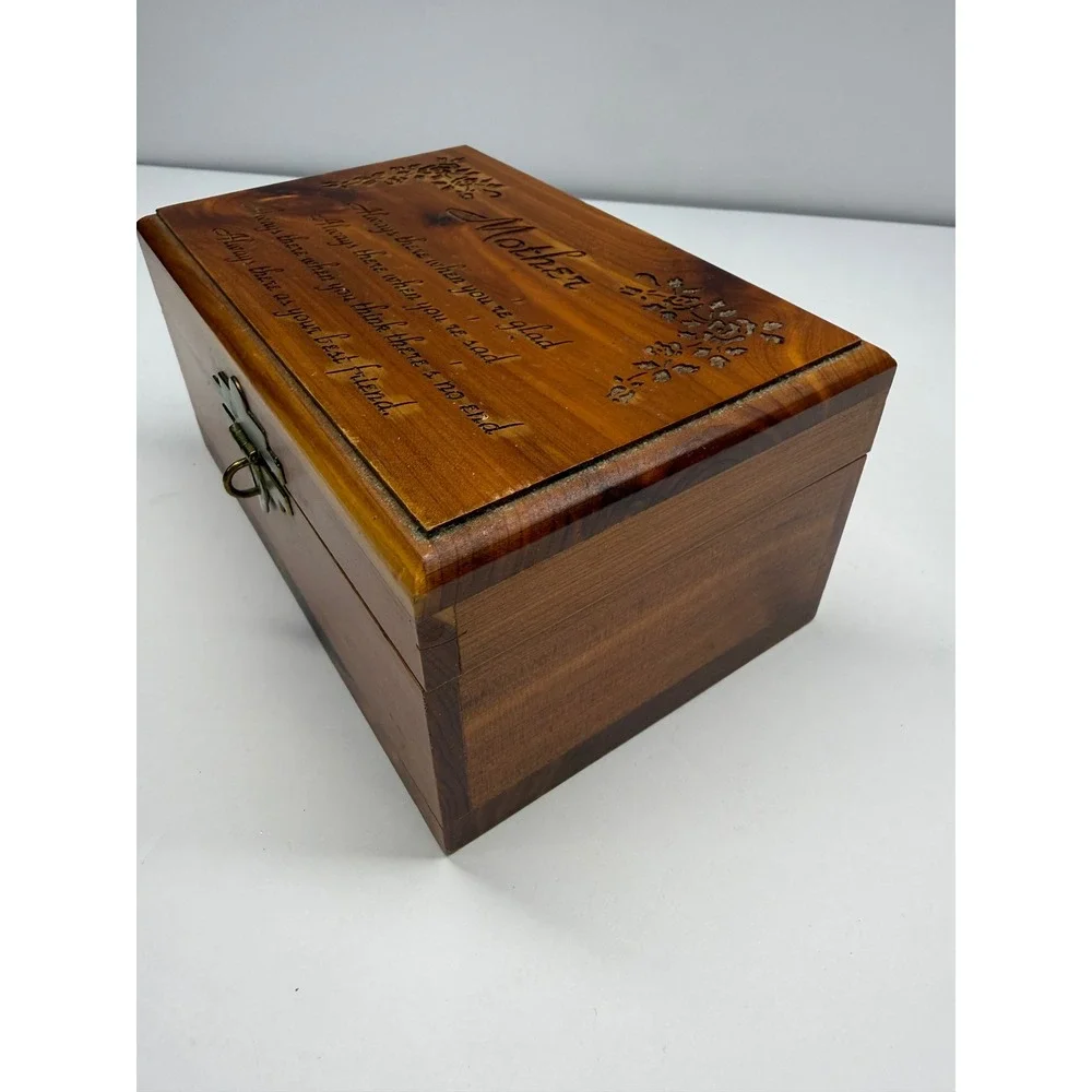 Vintage Cedar Wood Mother Poem Keepsake Box Floral Engraved Jewelry Chest 6x5